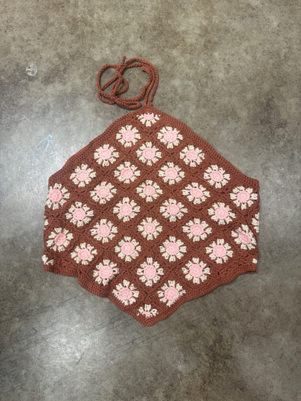 Pink Lily Brown Crochet Floral Halter Crop Top with Pink & Cream Accents